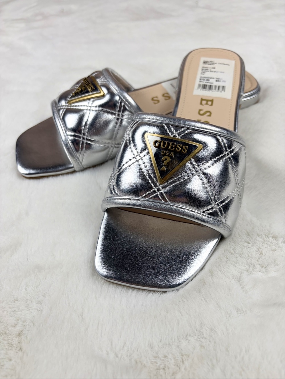 GUESS Square Toe Silver Quilted Slides Sandals NEW 7.5